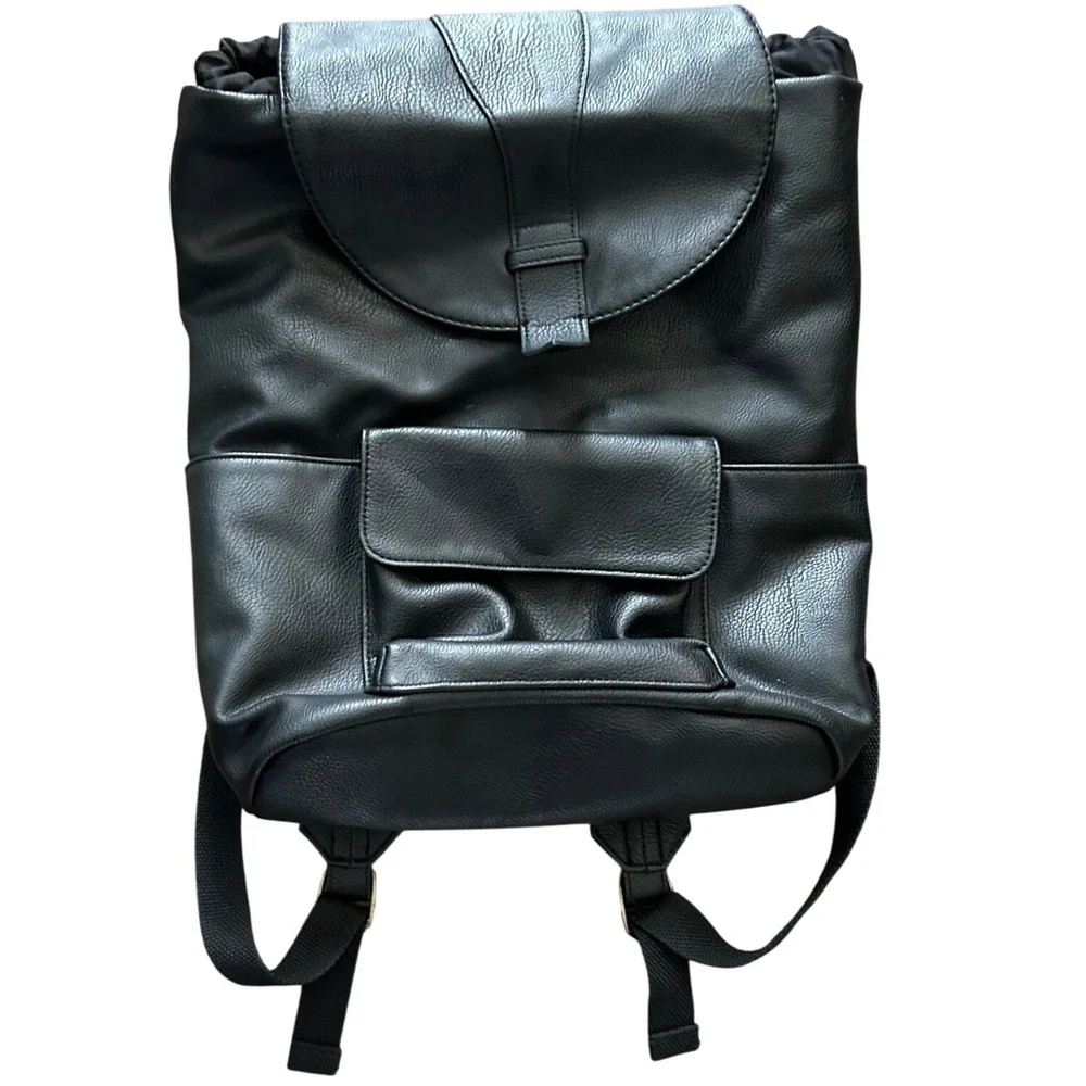 Universal Thread Black Faux Leather Backpack Flap Drawstring Everyday Bag